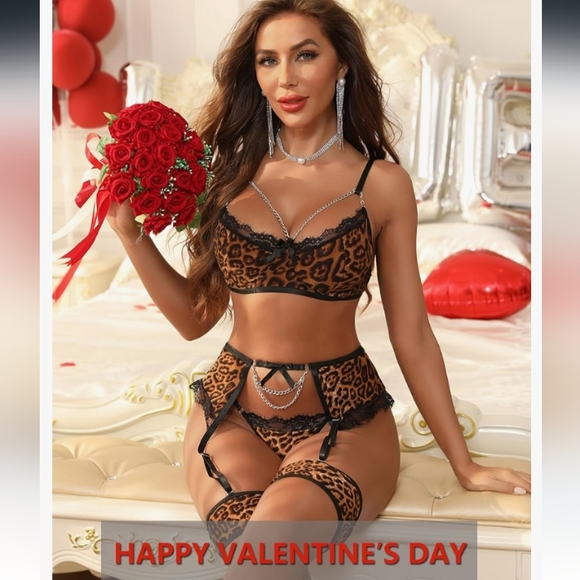 Women's sexy eyelash fishnet lingerie 4-Piece set chain baby doll underwire bra - Picture 5 of 8